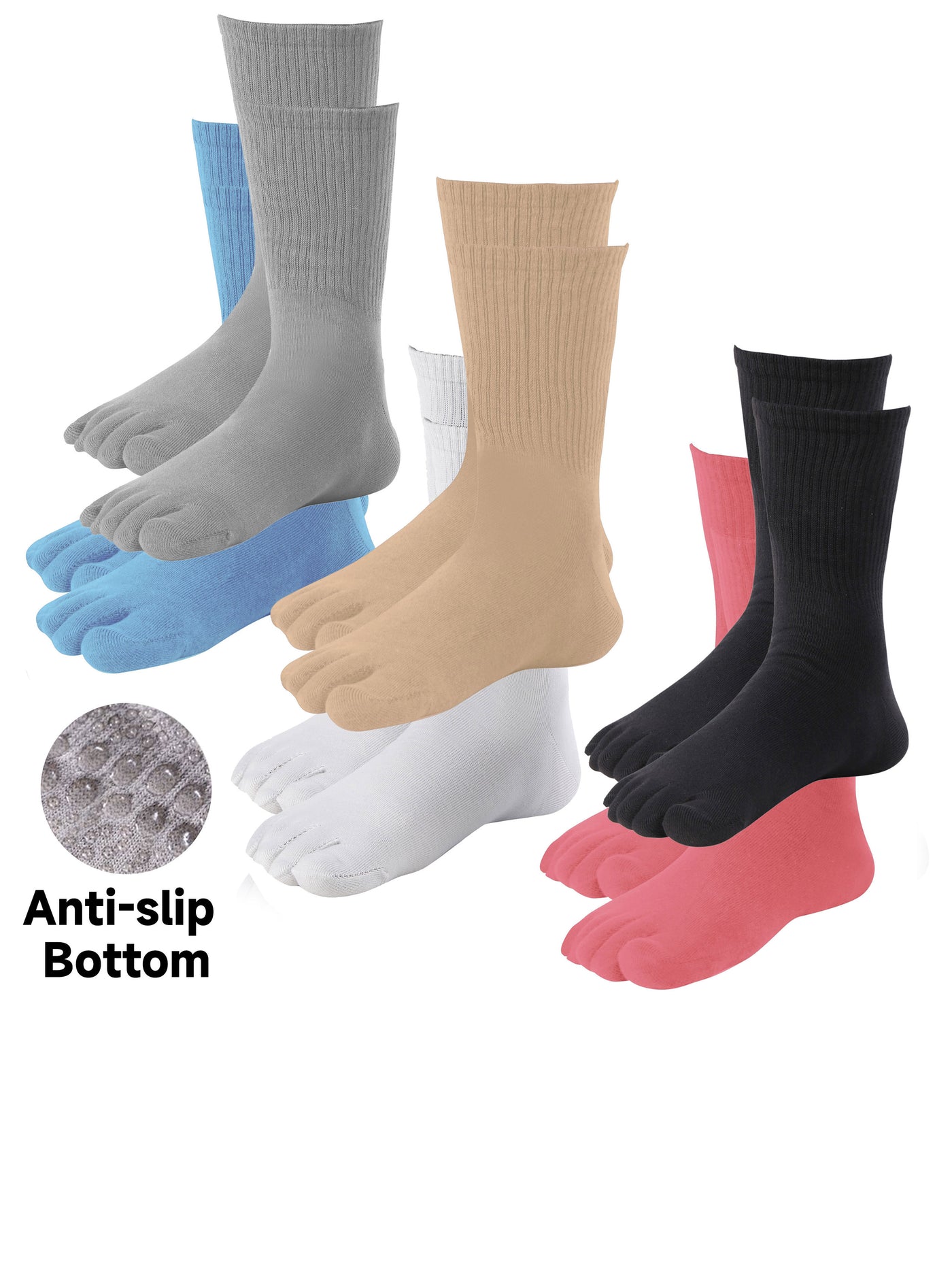 Premium-6 Pairs-Women's Anti-slip Bottom Five-toe Crew Socks in Mix Solid Color