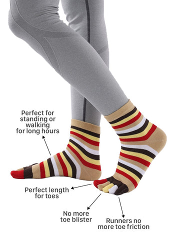 Women's Colorful striped Cotton Ankle Five Finger Toe Socks, khaki